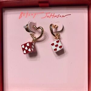 Betsey Johnson Red and White Heart Dice Earrings